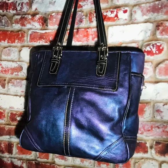STUNNING Authentic Coach Metallic Purple & Blue Leather Handbag Tote - Picture 11 of 13
